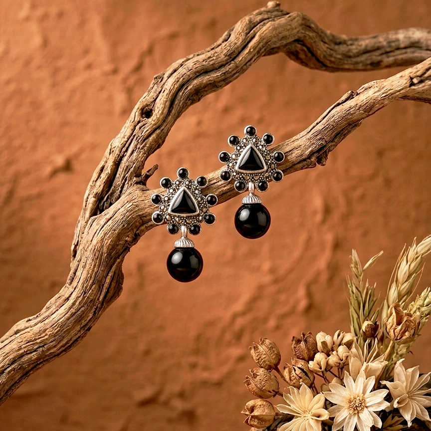 Silver Black Onyx Stud Drop Earrings